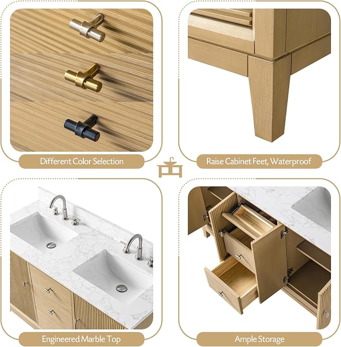 Vanity Art 60" Bathroom Vanity with Double Sink & Arabescato White Engineered Stone Top, Vanity Cabinet with Soft Closing Door, Solid Wood Frame, Golden Brushed Handles, Natural Oak VA8160D-NO-GB