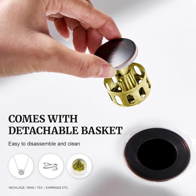 Pop up Sink Drain Stopper for Bathroom Vessel Vanity Sink Art Basin Oil Rubbed Bronze, Small Cap with Overflow, Metal Pop-up Drain Strainer with Detachable Basket Stopper | Pop Up Drain, Made of Metal, Small Cap, with Detachable Basket Stopper, Drain F...