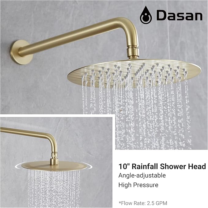 DASAN Tub Shower Faucets Sets Complete Bathtub Faucet Set Brushed Gold Bathtub Shower System with Tub Spout, Bathroom Tub and Shower Faucet Combo Trim Kit with Rough-in Valve, DA-SS03BG-R10W