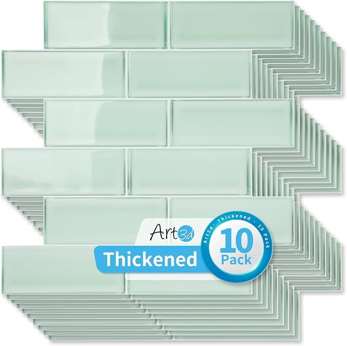 Art3d Seaglass Subway Design Peel and Stick Backsplash, 10-Pack, Aqua Green | 12 x 12 Inch, Water Resistant, Durable, Easy to Installation, Coastal Style, for Modern Home Decor, Kitchen, Home Improvement