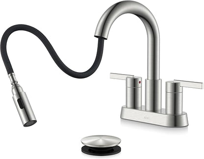 KENES Brushed Nickel Pull Down Bathroom Faucet, 4 Inch 2 Handle Centerset Bathroom Faucet 3 Hole with Pull Out Sprayer, Bathroom Sink Faucet with Pop Up Drain & Supply Lines LJ-9069