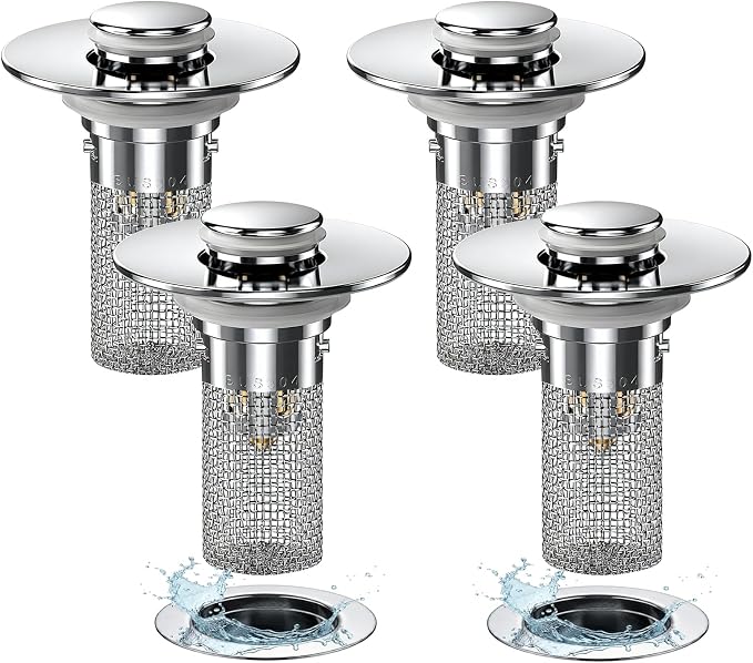 4Pack Bathroom Sink Drainer Hair Catcher, Pop Up Sink Drain Stopper with Filter Basket, Universal Drain Plug for Sink Drain, Stainless Steel Sink Drain Cover with Basket for Bathroom Stopper
