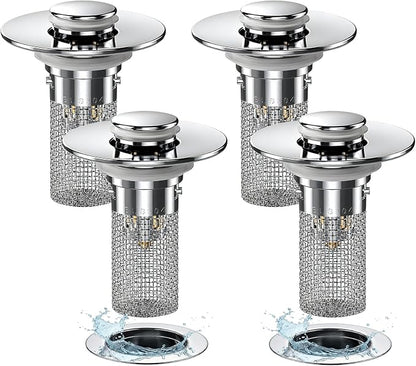 4Pack Bathroom Sink Drainer Hair Catcher, Pop Up Sink Drain Stopper with Filter Basket, Universal Drain Plug for Sink Drain, Stainless Steel Sink Drain Cover with Basket for Bathroom Stopper
