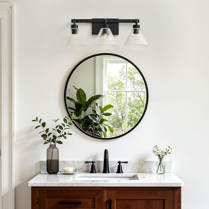 AIJIASI Modern Bathroom Light Fixtures Over Mirror 3-Light Black Vanity Lights for Bathroom with Ribbed Glass Shade 24 Inch Up/Down Mount Vanity Lighting Fixtures for Bath Bedroom Makeup