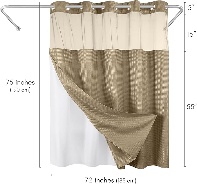 Americanflat 72x75 Hookless Waffle Pattern Shower Curtain - Water-Resistant Long Shower Curtain with Sheer Panel, Snap-in Liner, and Durable Grommets - 100% Polyester - Yellow