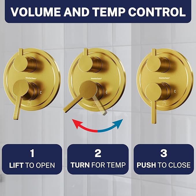 HammerHead Showers Solid Metal Two-Handle Shower Valve and Trim Kit, Volume and Temperature Control with Integrated Diverter, Pressure Balance Rough-In Valve Included, Brushed Gold