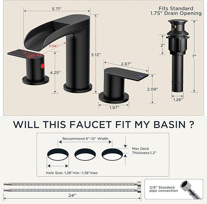 FORIOUS Bathroom Sink Faucet, Black Waterfall Bathroom Faucet Widespread 8 Inch 3 Hole with Pop-Up Drain and Water Supply, All-Metal Construction and Two Handle for Vanity, Lavatry, Farmhouse