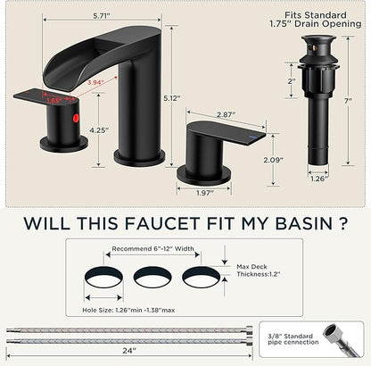 FORIOUS Bathroom Sink Faucet, Black Waterfall Bathroom Faucet Widespread 8 Inch 3 Hole with Pop-Up Drain and Water Supply, All-Metal Construction and Two Handle for Vanity, Lavatry, Farmhouse