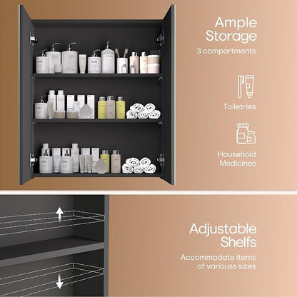 28x24 inch Bathroom Wall Cabinet, Saver Storage Cabinet, Medicine Cabinet with 2 Door and Adjustable Shelves, Black（Assembly Required）