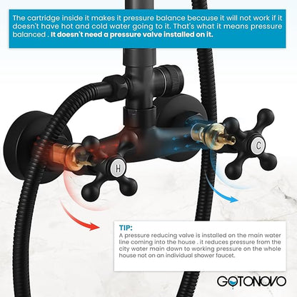 gotonovo Exposed Shower Faucet System 8 Inch Rainfall Shower Head with 8 Function ABS Handheld and Double Cross Handle Wall Mounted Bathroom Luxury Mixer Shower Horizontal Faucet Body Matte Black