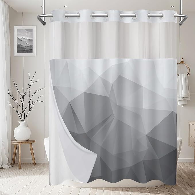 No Hook Shower Curtain with Snap in Liner Set, Light Grey, 71x86 | Waterproof Fabric for Bathroom, Modern Hotel Style Ombre Design, Mesh Top Window, Machine Washable, Quick Install