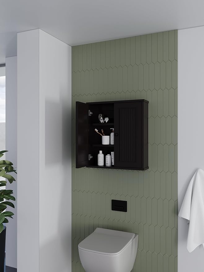 Waterproof WPC Wall-Mounted Bathroom Wall Cabinet Over The Toilet Storage Cabinet with Adjustable Shelves, Medicine Cabinet for Bathroom (Black)