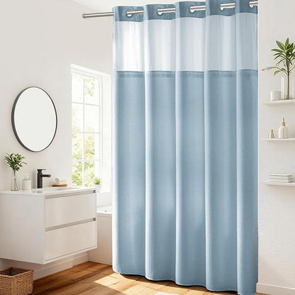River Dream Heavyweight Waffle No Hook Shower Curtain with Liner,Blue,71x86 | Dotted Waffle,Snap-in Liner,Heavy Duty,Quick Dry,Mesh Top Window,With Bottom Magnets,Hotel-Grade,Washable,Extra Long Size