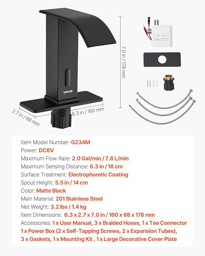 VEVOR Touchless Bathroom Sink Faucet, Automatic Motion Sensor Waterfall Restroom Toilet Faucet with Hole Cover Plate, Battery Operated,Hot/Cold Water for 9/16 in Pipe Commercial Lavatory,Matte Black