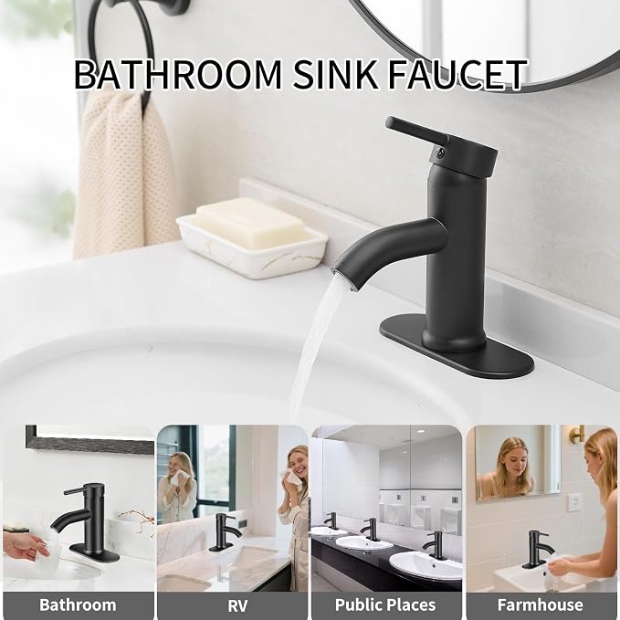 Matte Black Bathroom Faucets Single Hole Bathroom Sink Faucet | Modern Single Handle Bathroom Faucte 1 or 3 Hole, RV Sink Vanity Faucet (with Drain, Black)