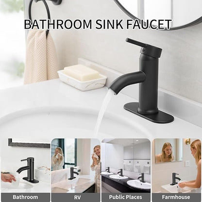 Matte Black Bathroom Faucets Single Hole Bathroom Sink Faucet | Modern Single Handle Bathroom Faucte 1 or 3 Hole, RV Sink Vanity Faucet (with Drain, Black)