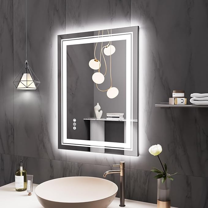 Snowdool 28 x 20 in LED Bathroom Mirror, Front and Backlit, Anti-Fog | Front and Backlit, Stepless Dimming, Anti-Fog, Memory Function