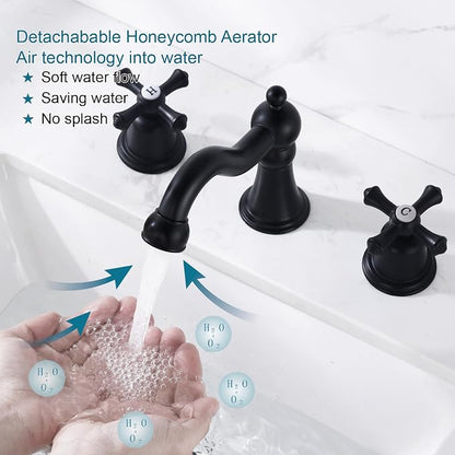 RKF Bathroom Faucets for Sink 3 Hole Black 8 inch Widespread Bathroom Sink Faucet with Drain 2 Handles Cross Knobs Faucet Bathroom Vanity Basin Mixer Tap CWF033-MB