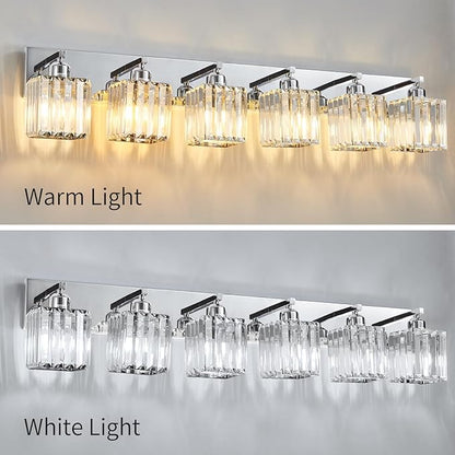 Modern Bathroom Vanity Light 6-Lights Modern Chrome Crystal Bathroom Wall Light Large Vanity Light Fixtures Over Mirror