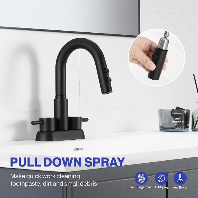 Bathroom Faucet with Sprayer, Matte Black 2 Handles with Pop-Up Drain | Kablle 3 Holes Pull Out 4 inch Centerset Laundry Bar Basin Pull Out Faucet with Pop-Up Drain, KBL-MP-6002B-CL