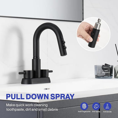Bathroom Faucet with Sprayer, Matte Black 2 Handles with Pop-Up Drain | Kablle 3 Holes Pull Out 4 inch Centerset Laundry Bar Basin Pull Out Faucet with Pop-Up Drain, KBL-MP-6002B-CL