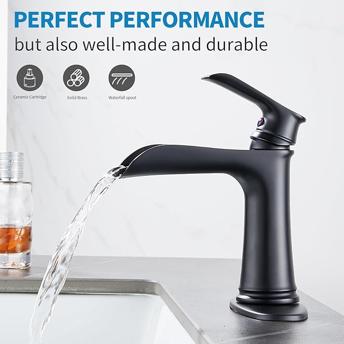 Black Waterfall Bathroom Faucet, Sanliv Single Handle Bathroom Faucets for Sinks 1 or 3 Hole (4 inch) Hotel Vanity Faucet with Deckplate & Pop-Up Drain, Matte Black