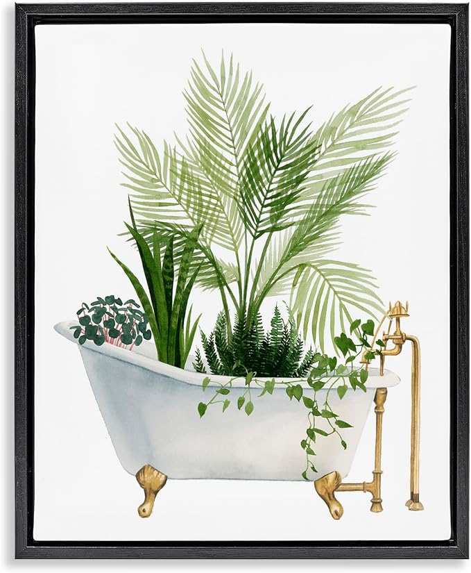Vintage Tub Botanical, 16 x 20 Inch Canvas in Floater Frame | Stupell Industries · By Grace Popp · Ready to hang · Great for bathroom or laundry room · Made in USA