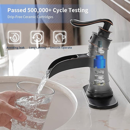 BWE Bathroom Sink Faucet Oil Rubbed Bronze Waterfall with Pop Up Drain Stopper Assembly Water Supply Hose Rustic Lead-Free Lavatory Vanity Bath Black Farmhouse Faucet Single Handle Mixer Single Hole
