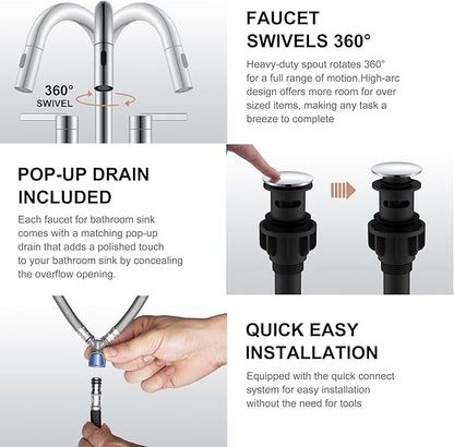 KENES Chrome Pull Down Bathroom Faucet, 8 Inch 2 Handle Widespread Bathroom Faucet 3 Hole with Pull Out Sprayer, Bathroom Sink Faucet with Pop Up Drain & Supply Lines LJ-9068-5