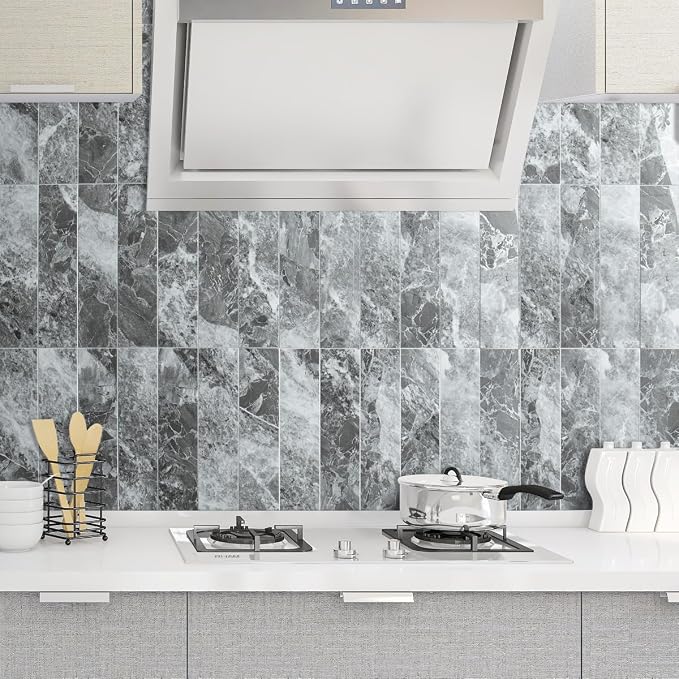 AULIGET 4-Piece Polished Grey Marble with Silver Peel and Stick Backsplash Wall Tiles, 3" x 12" PVC Faux Stone Stick on Tiles for Backsplash Kitchen, Bathroom, Laundry Room, Camper, Fireplace