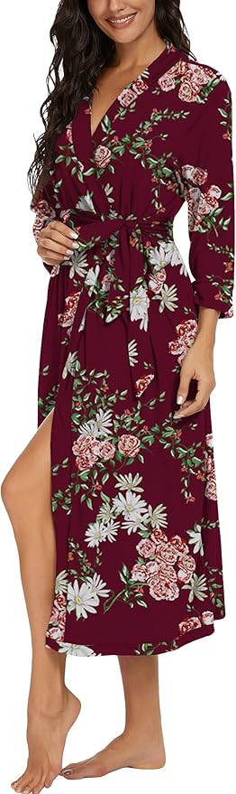 VINTATRE Women Kimono Robes Long Knit Bathrobe Lightweight Soft Knit Sleepwear V-neck Casual Ladies Loungewear