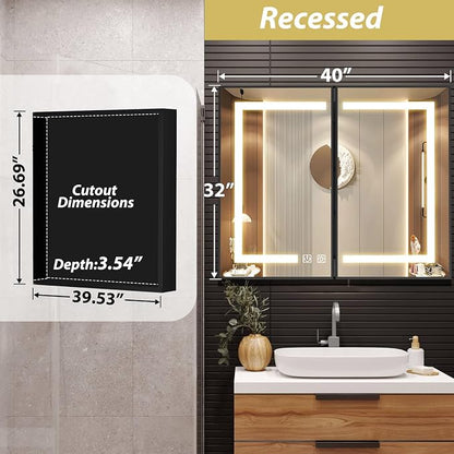 ROOMTEC 40 x 32 Inch Medicine Cabinet Mirror with LED Lights, Black Bathroom Medicine Cabinet with Mirror and Storage, Recessed or Wall Mount, 3 Color Temperature, Dimmable Light