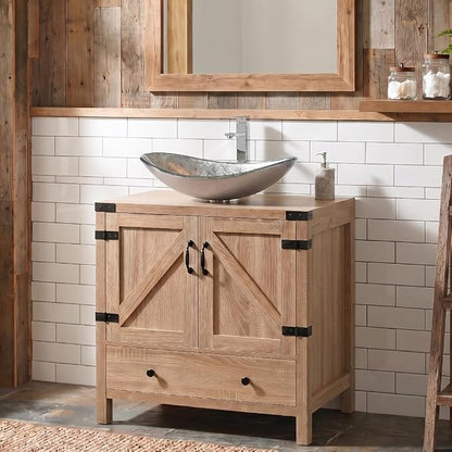 28 inch Natural Color Bathroom Vanity, Rustic Fixture Standing Pedestal Cabinet with Silver Boat Vessel Sink