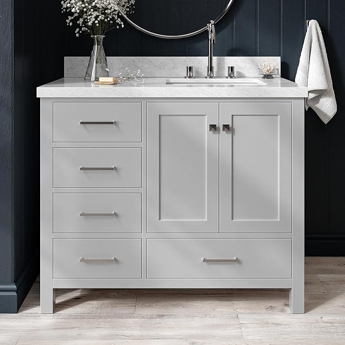 ARIEL Cambridge 42-inch Bathroom Vanity with Sink,Solid Wood, 1.5-inch Italian Carrara Marble Countertop, Single Rectangular Porcelain Sink, 2 Soft Closing Doors, 5 Dovetail Drawers, Grey