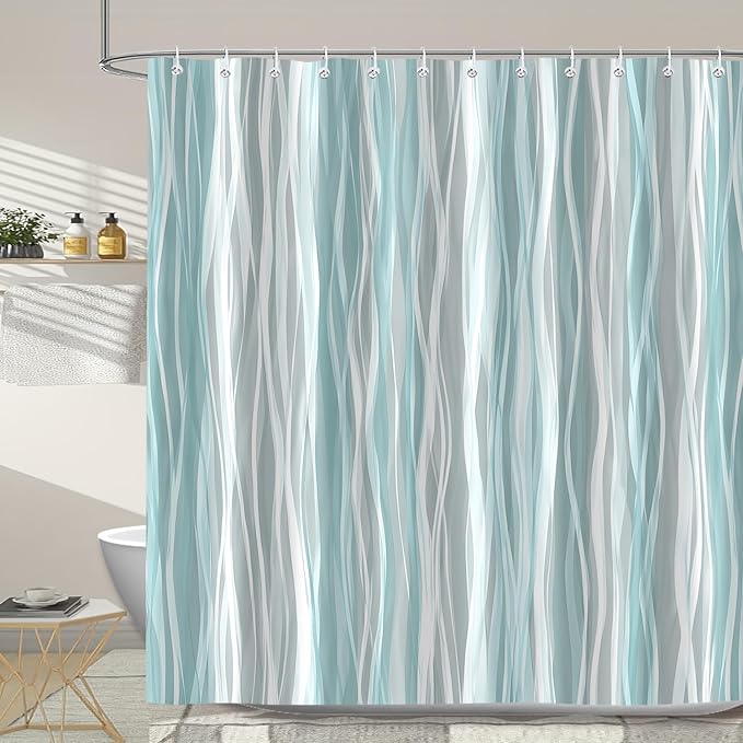 Moonslim Teal Grey Ombre Shower Curtain, Modern Wavy Abstract Striped Line Bathroom Curtain, Waterproof Fabric Bath Decor, 72 x 72 Inch