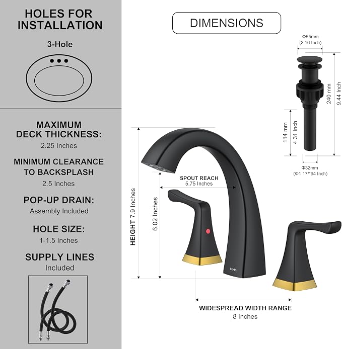 Black and Gold Bathroom Faucets for Sink 3 Hole 2 Handle Widespread | Bathroom Vanity Faucet with Pop Up Drain & Supply Lines, Lead-Free cUPC & NSF Certified, 8 Inch Faucet for Vanity RV Sink