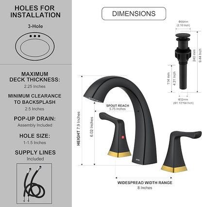 Black and Gold Bathroom Faucets for Sink 3 Hole 2 Handle Widespread | Bathroom Vanity Faucet with Pop Up Drain & Supply Lines, Lead-Free cUPC & NSF Certified, 8 Inch Faucet for Vanity RV Sink