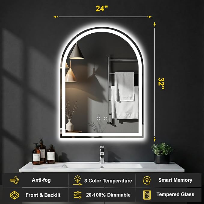 Arched LED Bathroom Mirror with Lights, 24" x 32" Lighted Vanity Mirror | Anti-Fog, Dimmable 3 Colors, Backlit + Frontlit, HD Shatterproof Tempered Glass, Memory Function