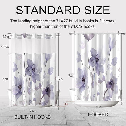 No Hook Shower Curtain and Liner Set, Purple Boho Floral 71x77 | Watercolor Boho Flower, with Snap in Liner, Mesh Top Window, Waterproof, Machine Washable, Quick-Drying, for Hotel Bathroom