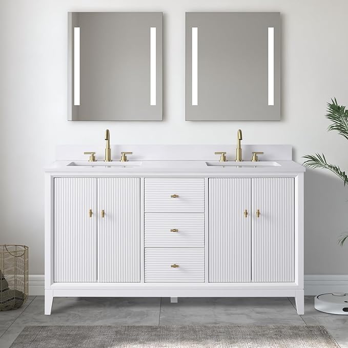 Vanity Art 60" Bathroom Vanity with Double Sink & Arabescato White Engineered Stone Top, Vanity Cabinet with Soft Closing Door, Solid Wood Frame, Golden Brushed Handles, White VA8160D-W-GB