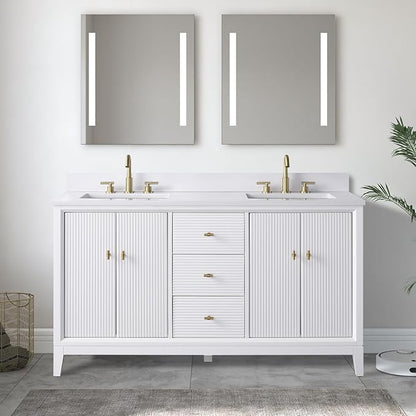 Vanity Art 60" Bathroom Vanity with Double Sink & Arabescato White Engineered Stone Top, Vanity Cabinet with Soft Closing Door, Solid Wood Frame, Golden Brushed Handles, White VA8160D-W-GB