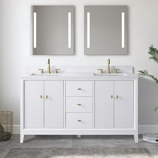 Vanity Art 60" Bathroom Vanity with Double Sink & Arabescato White Engineered Stone Top, Vanity Cabinet with Soft Closing Door, Solid Wood Frame, Golden Brushed Handles, White VA8160D-W-GB