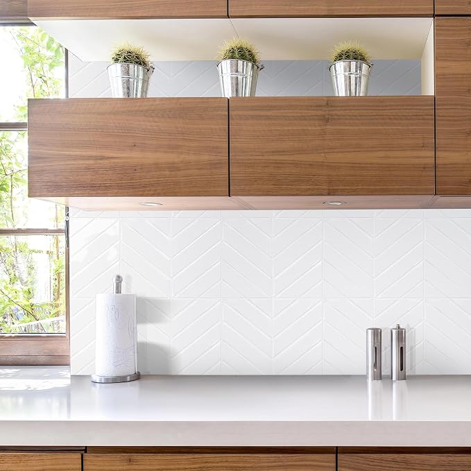 STICKGOO Herringbone Peel and Stick Backsplash, Pure White, 10 Sheets | 12.6 x 9.7 in, Thicker Rectangular Vinyl Stick-On Wall Tiles, Easy Alignment, Waterproof, Easy to Clean, Kitchen/Bathroom