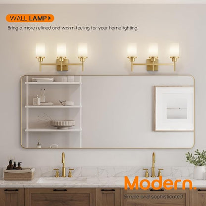 Bathrom Light Fixtures Modern Gold 3 Vanity Lights Over Mirror, Wall Lamps with White Frosted Glass Shade for Toilet Washroom Bath T001GD-L3