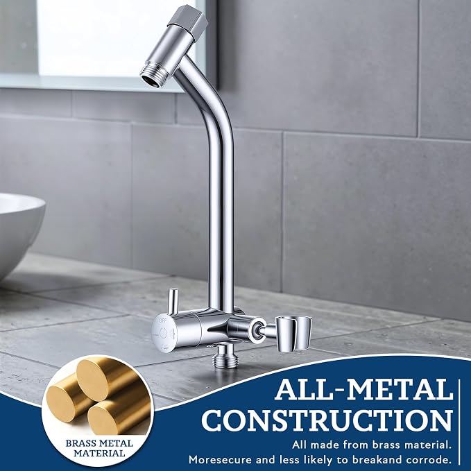 G-Promise All Metal Shower Diverter with Low Handheld Holder (Chrome) | 10 Inch Downward-Extend Bracket for All Heights, 4 Spray Modes with Pause, Anti-Leak, Easy Install, Universal Replacement