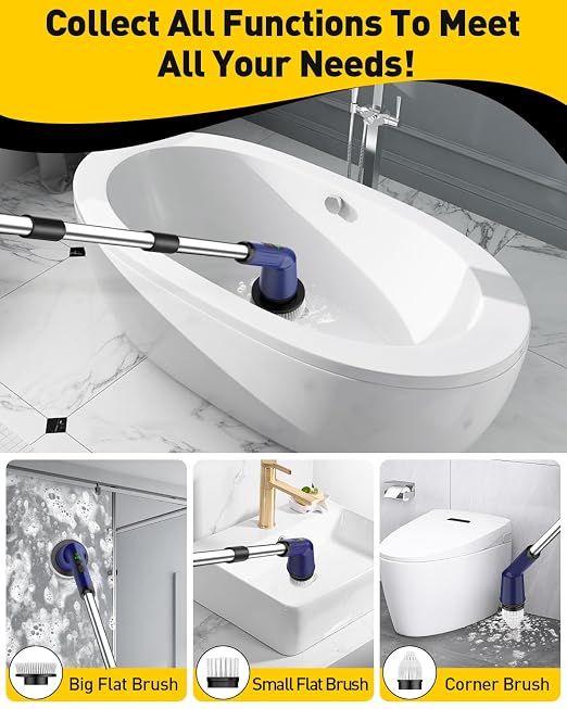 Electric Spin Scrubber for Bathroom, Shower Scrubber with Long Handle | Shower Cleaner Brushes, IPX7 Waterproof & 2 Speed, 3 Brush Heads, 90min Runtime, Bathroom Cleaning Supplies for Toilet Tub