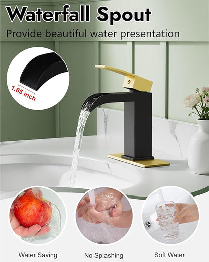Midanya Waterfall Bathroom Faucet, Single Handle Bathroom Sink Faucet for Sink 1 or 4 Inch 3 Hole, Stainless Steel Vanity Faucets with Deck Plate and Pop up Drain,Brushed Gold and Matte Black