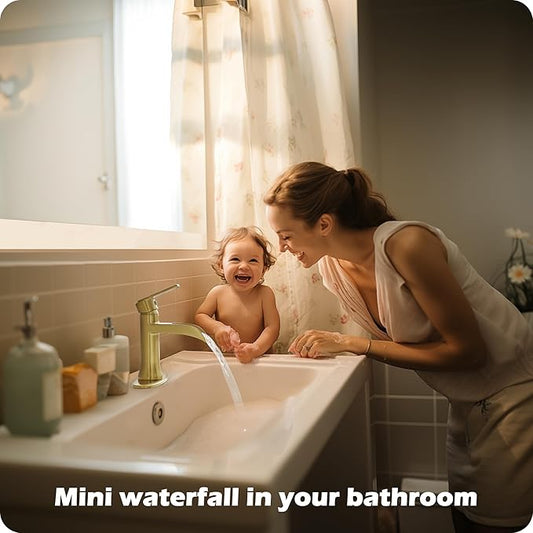 Brushed Gold Waterfall Bathroom Faucet Single Handle, 4 Inch 1 or 3 Hole Brass Bathroom Sink Faucets with Pop-Up Drain & Deck Plate for Vanity, Restroom, RV, Modern, 5 Mins Quick Install