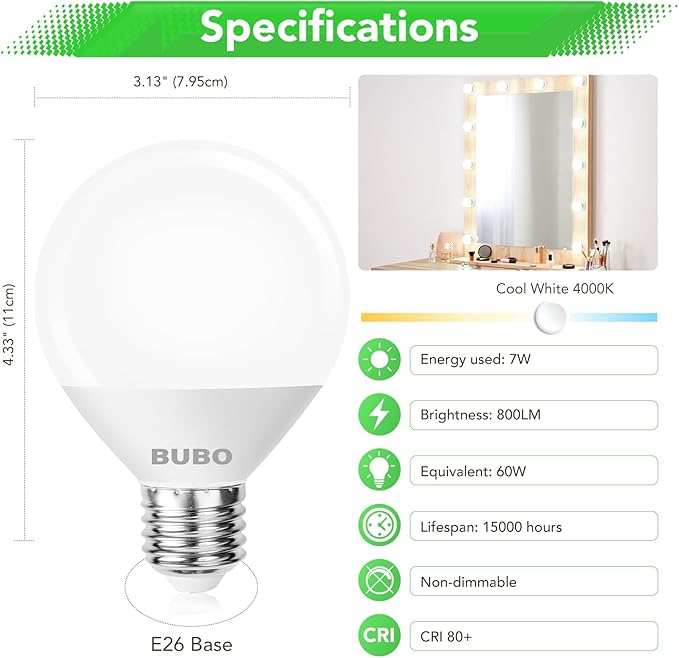 BUBO Vanity Light Bulbs 60 Watt Equivalent, Globe Light Bulbs Cool White 4000K, Bathroom Light Bulbs, Round Light Bulbs, G25 LED Light Bulbs 800 Lumens, E26 Medium Base, 7W, Non-Dimmable, 12 Pack