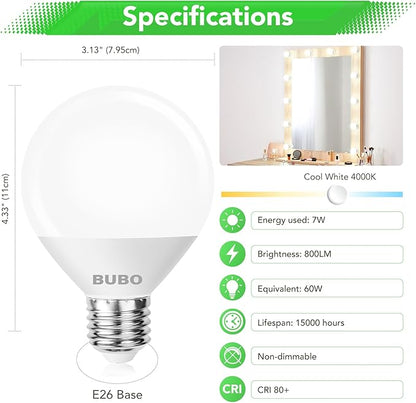 BUBO Vanity Light Bulbs 60 Watt Equivalent, Globe Light Bulbs Cool White 4000K, Bathroom Light Bulbs, Round Light Bulbs, G25 LED Light Bulbs 800 Lumens, E26 Medium Base, 7W, Non-Dimmable, 12 Pack